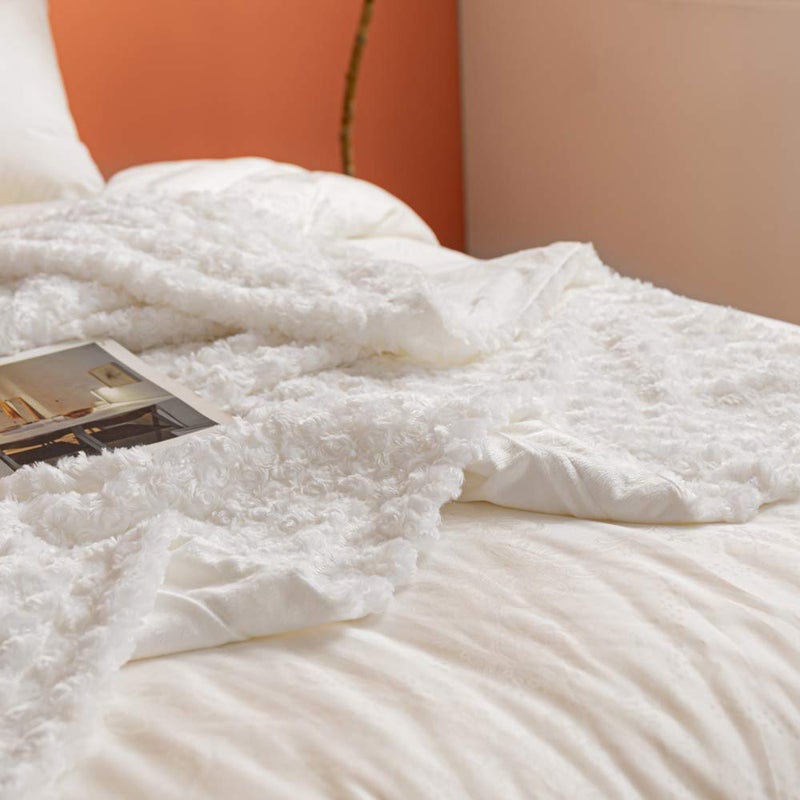 Simple&Opulence Plush Fluffy Throw Blanket Tridimensional Rose Pattern Soft Warm Microfiber Cozy Chic Shaggy Reversible Coverlet for Girls Home DÃ©cor Couch, 50"x 60", White - Image 4